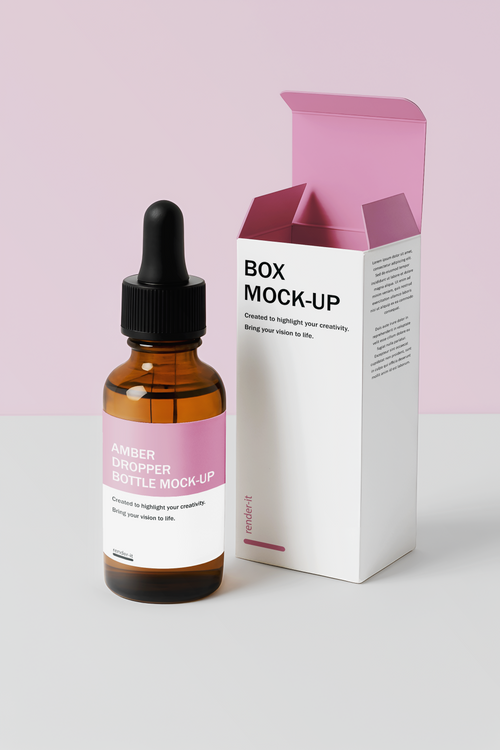 Amber Dropper Bottle & Packaging Box Mockup
